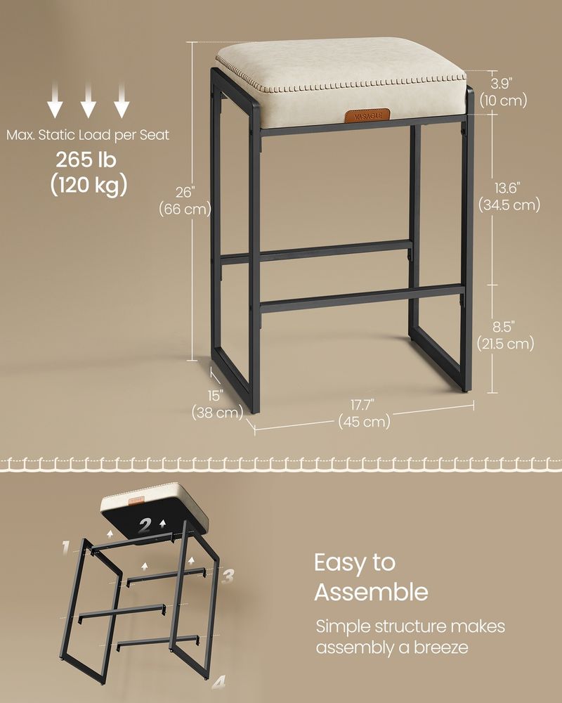 Counter Height Bar Stools – Padded Faux Leather Seats – Metal Legs