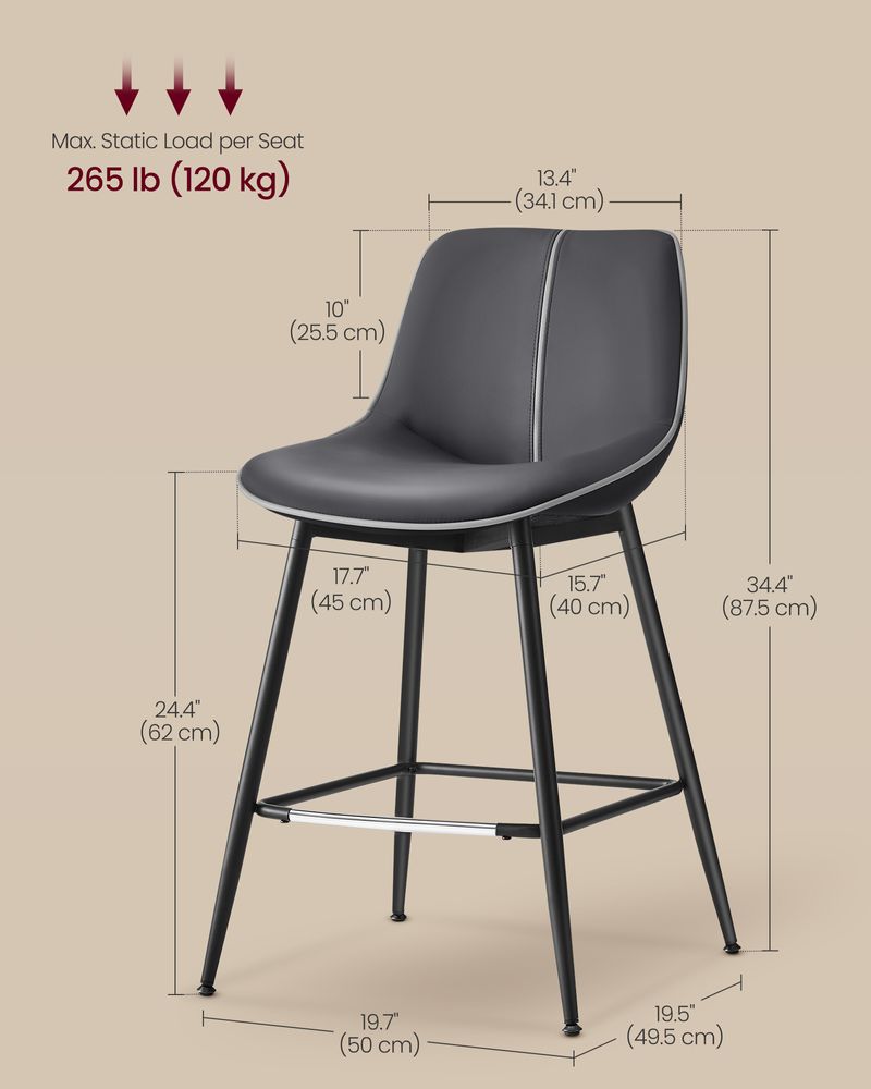 Bar Height Bar Stools Set of 2 – With Backrest – Modern Upholstered Design