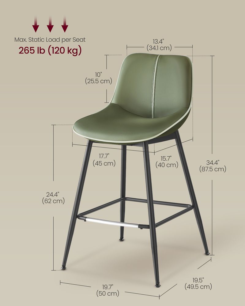 Bar Height Bar Stools Set of 2 – With Backrest – Modern Upholstered Design