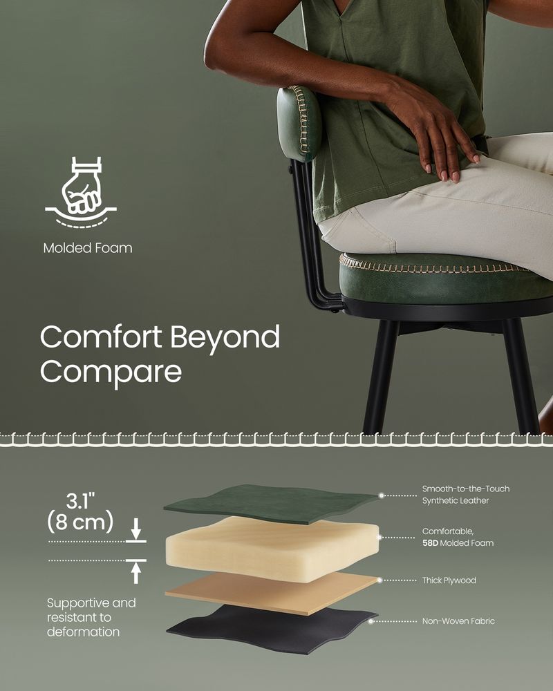 Bar Stools Set of 2 – Swivel Seats – Padded Faux Leather