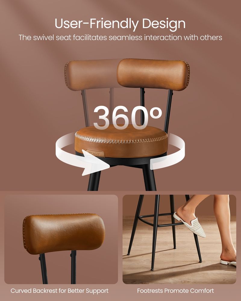 Bar Stools Set of 2 – Swivel Seats – Padded Faux Leather