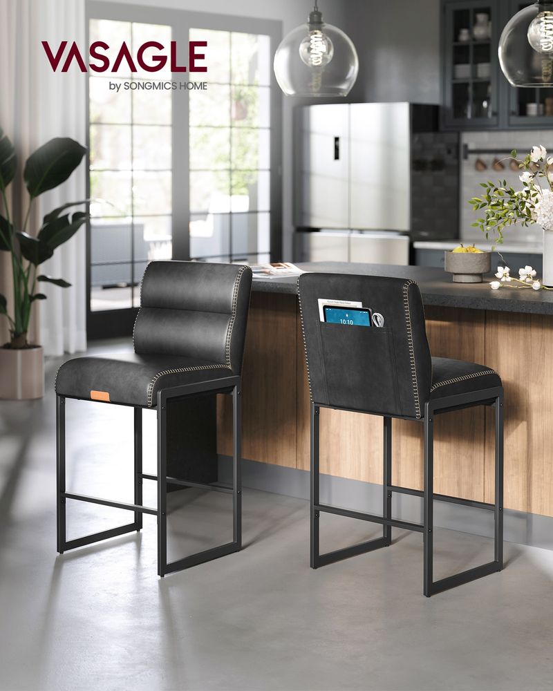 Bar Stools Set of 2 – Counter Height – With Backrest & Storage Pocket