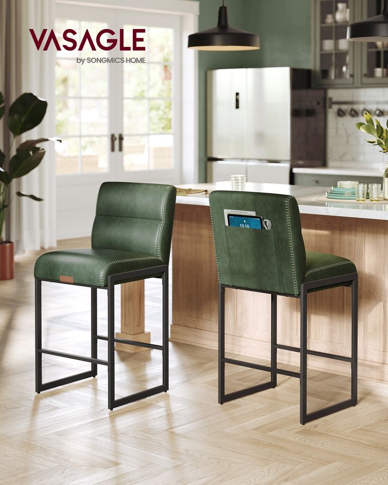 Bar Stools Set of 2 – Counter Height – With Backrest & Storage Pocket