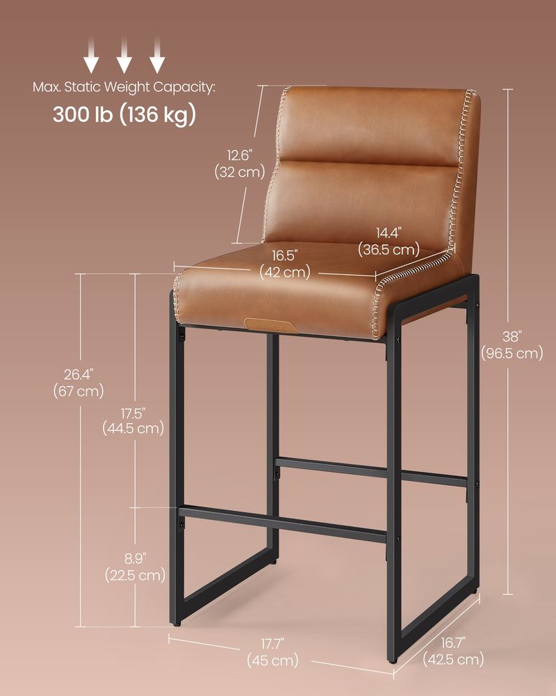 Bar Stools Set of 2 – Counter Height – With Backrest & Storage Pocket