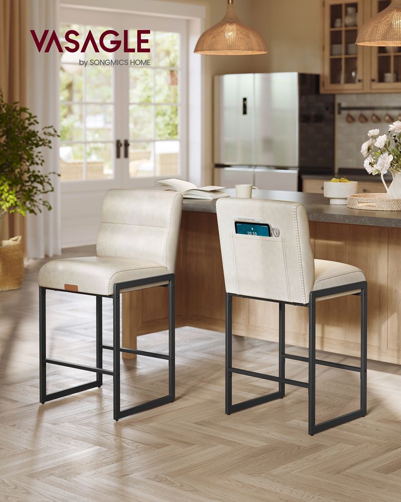 Bar Stools Set of 2 – Counter Height – With Backrest & Storage Pocket
