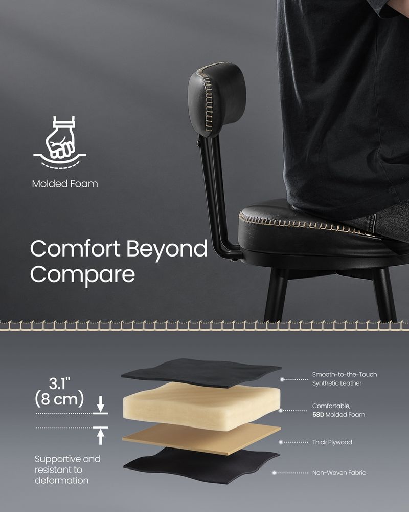 Bar Stools Set of 2 – Swivel Seats – Padded Faux Leather