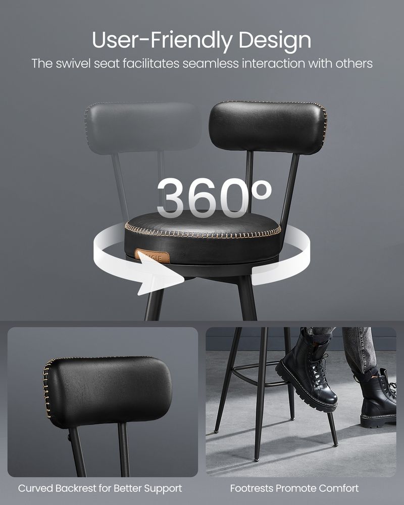 Bar Stools Set of 2 – Swivel Seats – Padded Faux Leather