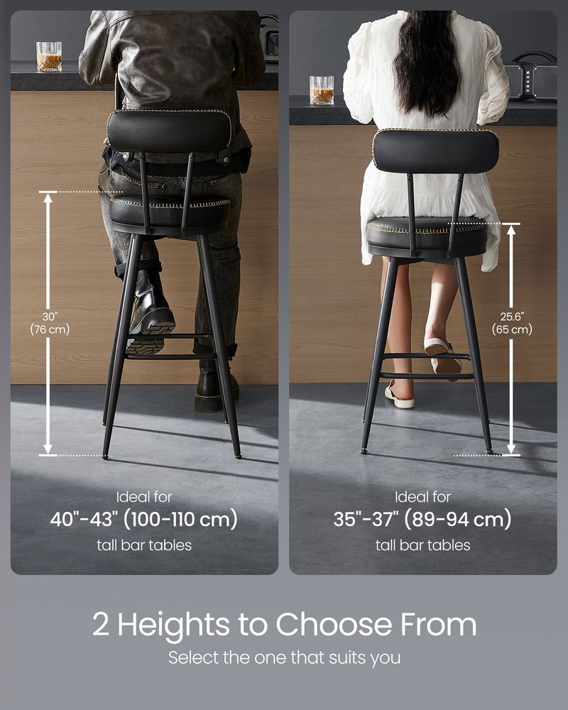 Bar Stools Set of 2 – Swivel Seats – Padded Faux Leather