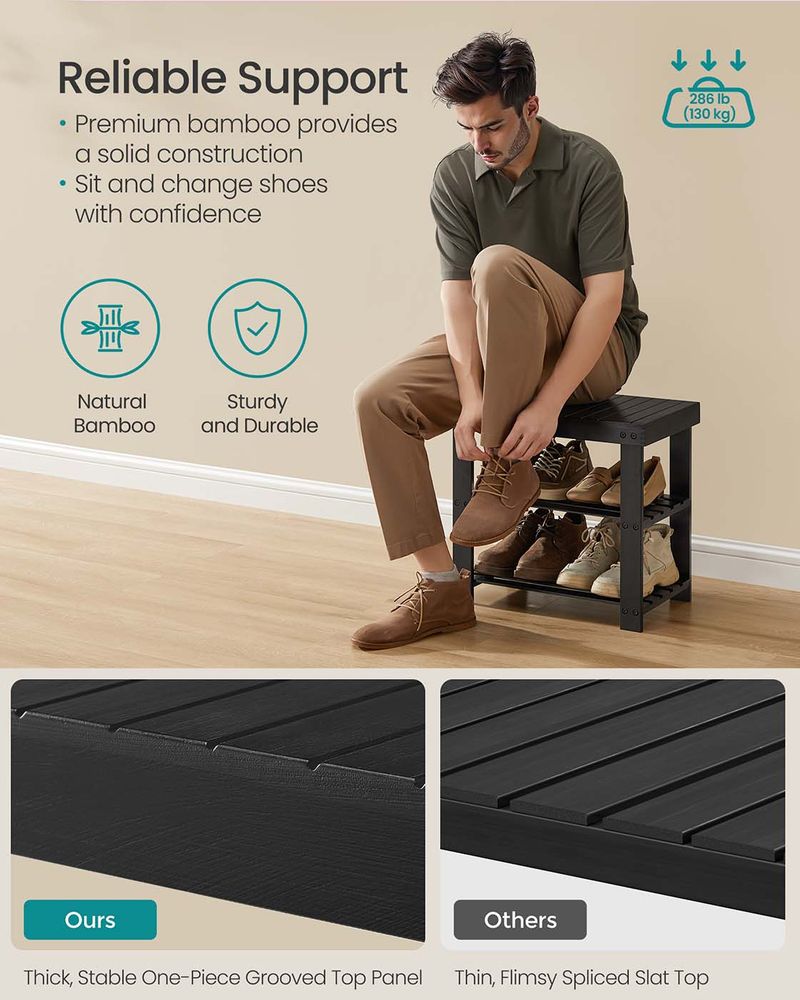 Shoe Rack Bench - 3 Tier Bamboo - Entryway Storage Organizer