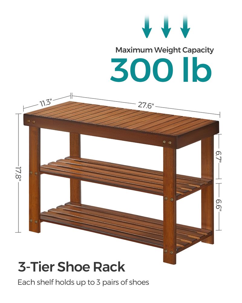 Shoe Rack Bench - 3 Tier Bamboo - Entryway Storage Organizer
