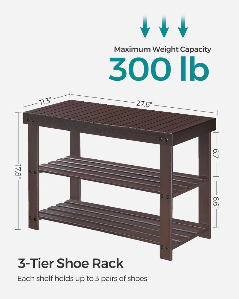 Shoe Rack Bench - 3 Tier Bamboo - Entryway Storage Organizer