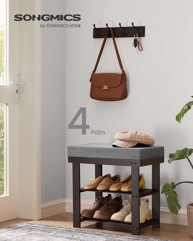 Shoe Bench - 3 Tier Bamboo - Cushioned Seat With Storage