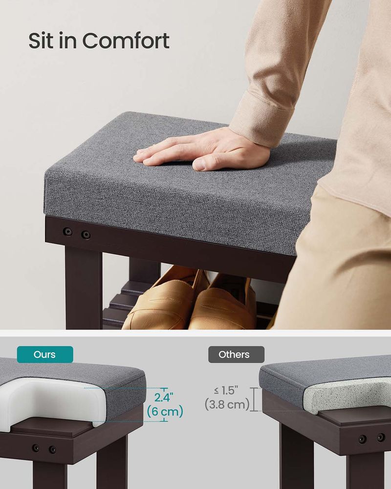 Shoe Bench - 3 Tier Bamboo - Cushioned Seat With Storage