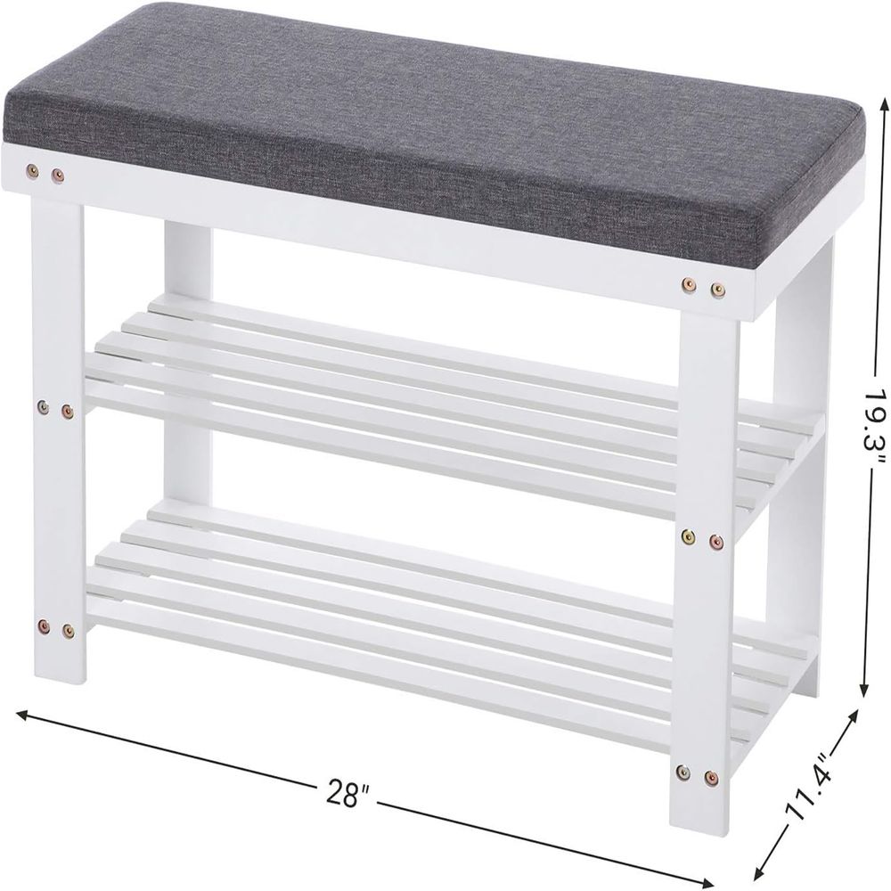 Shoe Bench - 3 Tier Bamboo - Cushioned Seat With Storage
