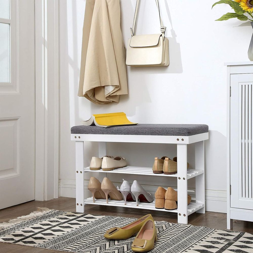 Shoe Bench - 3 Tier Bamboo - Cushioned Seat With Storage