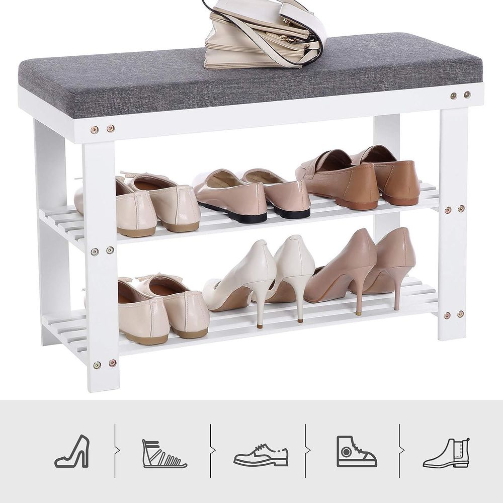 Shoe Bench - 3 Tier Bamboo - Cushioned Seat With Storage