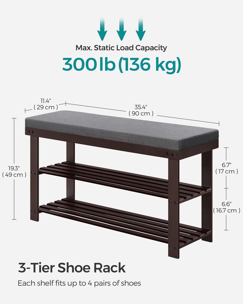 Shoe Bench - 3 Tier Bamboo - Cushioned Seat With Storage
