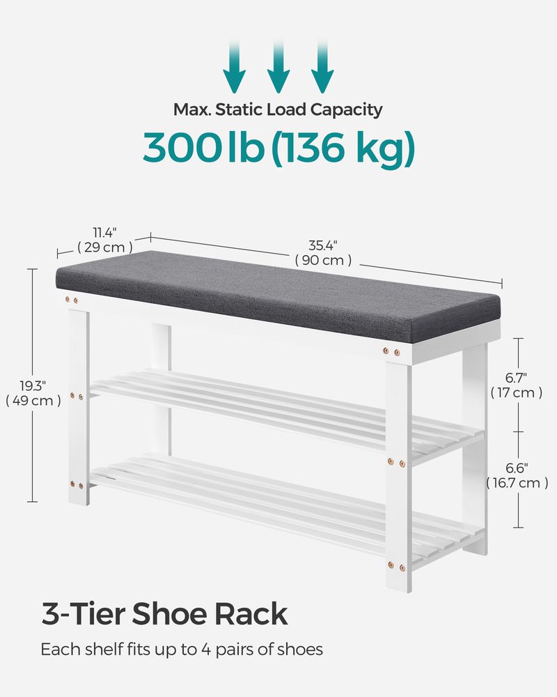 Shoe Bench - 3 Tier Bamboo - Cushioned Seat With Storage