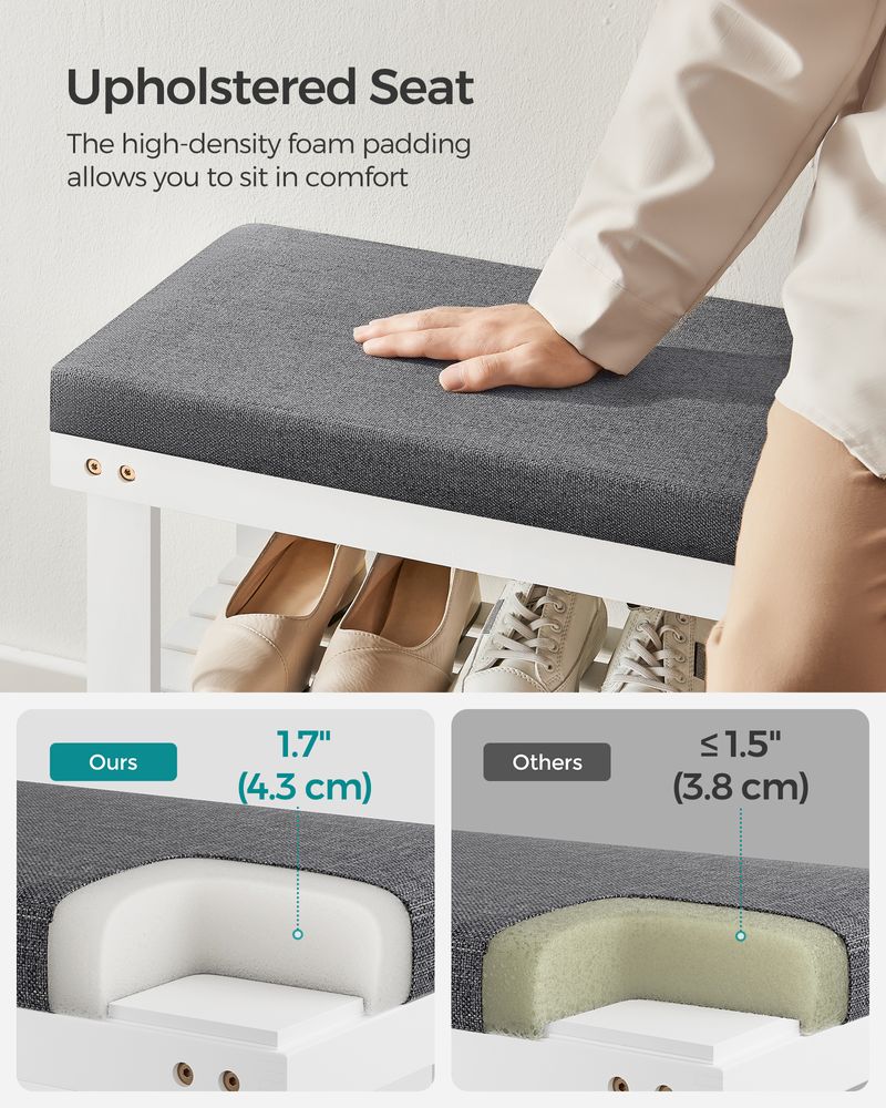 Shoe Bench - 3 Tier Bamboo - Cushioned Seat With Storage