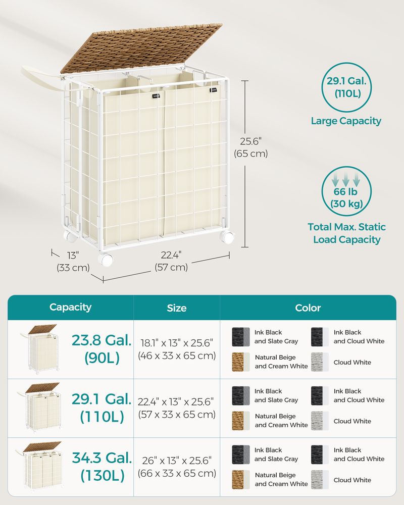 23.8 Gallon Laundry Hamper With Wheels Removable Liner Basket