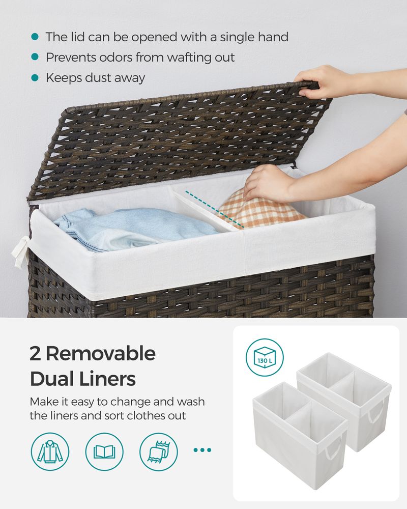 Clothes Hamper With Lid - 2 Section - 110–130L Capacity