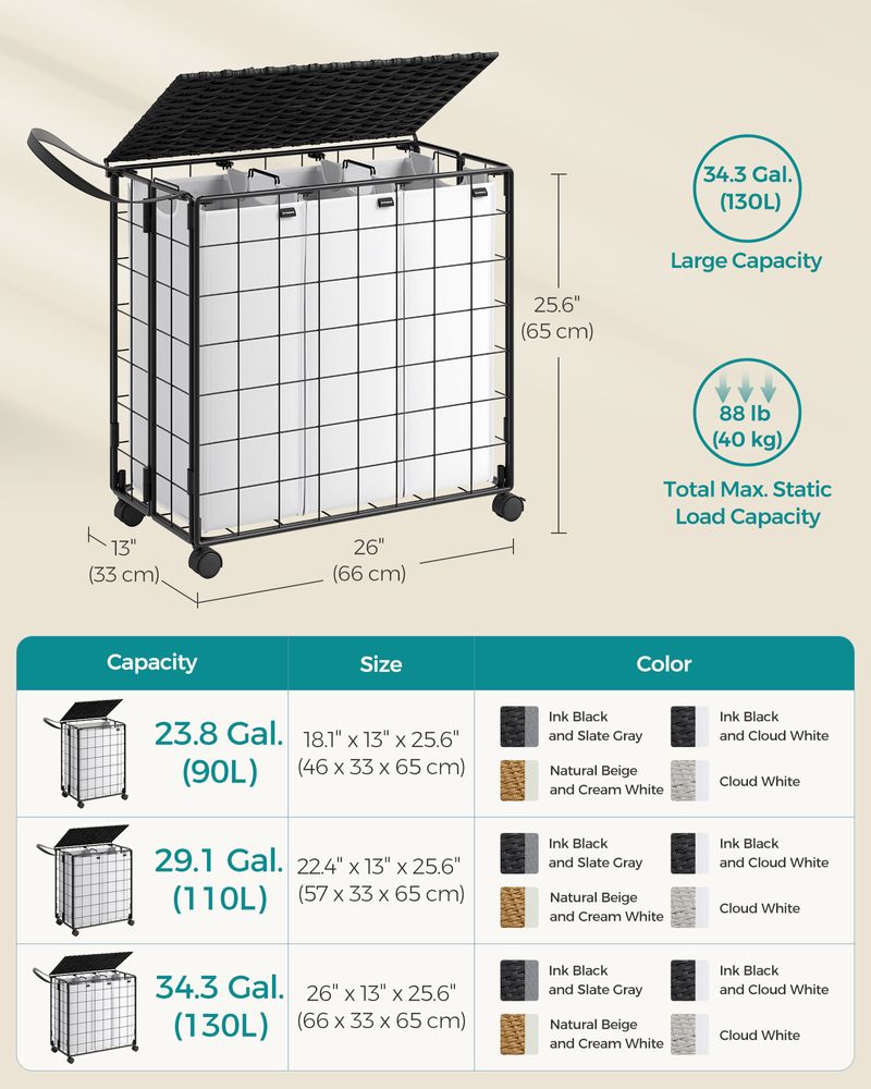 23.8 Gallon Laundry Hamper With Wheels Removable Liner Basket