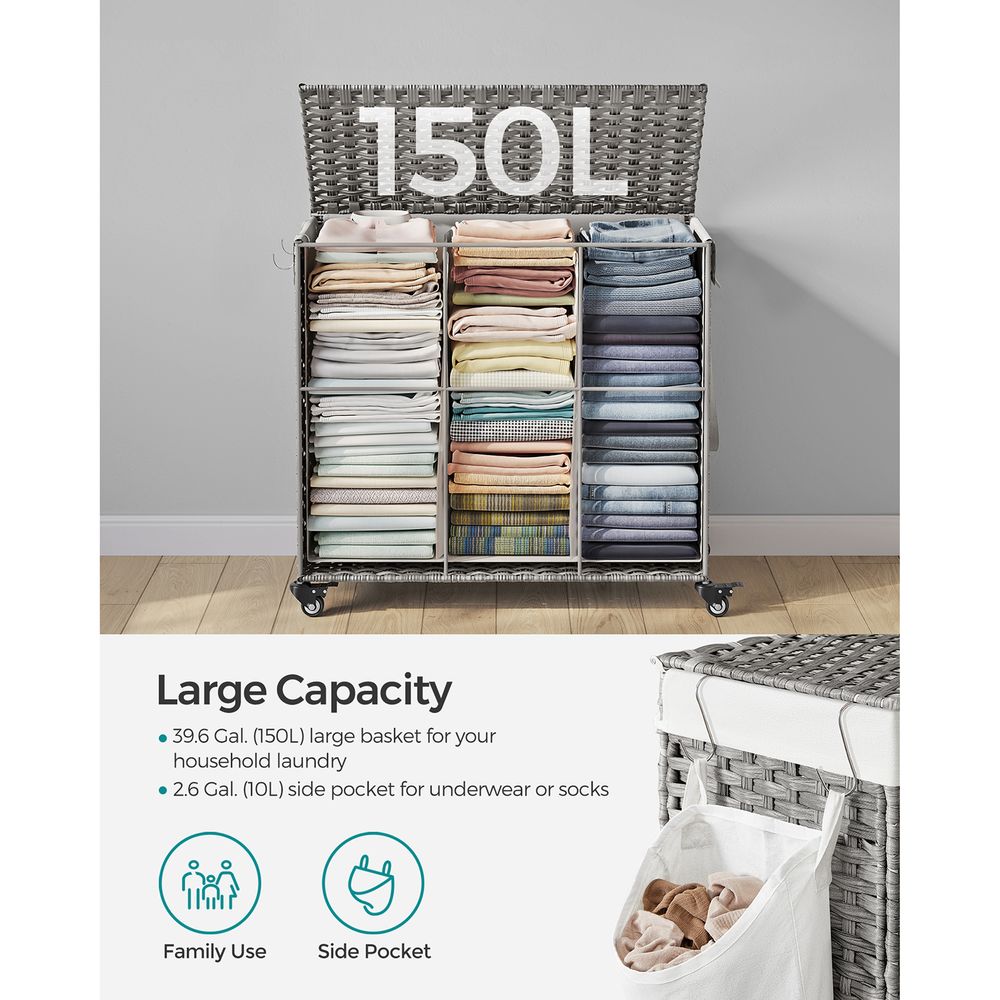 Laundry Basket - Rolling With Wheels - 3 Section - 145L & 160L