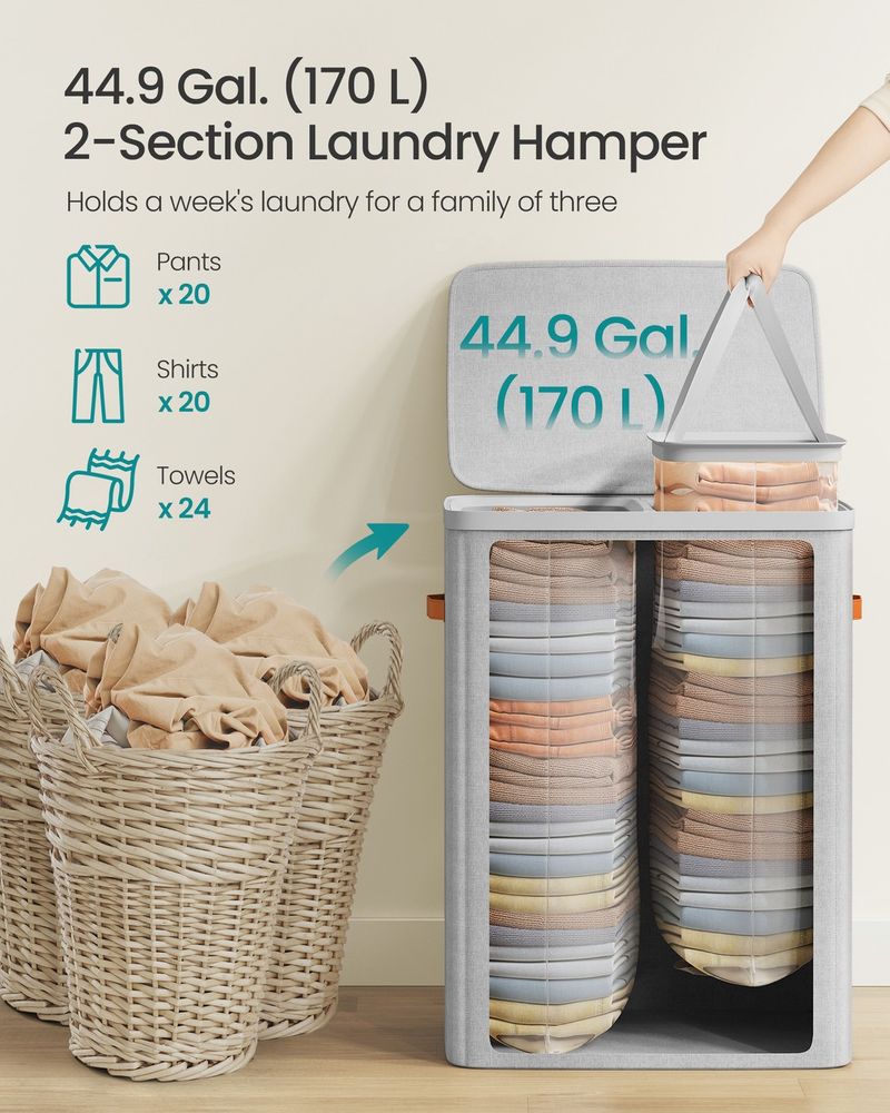 44.9 Gallon Laundry Hamper With Lid 2 Section Laundry Sorter