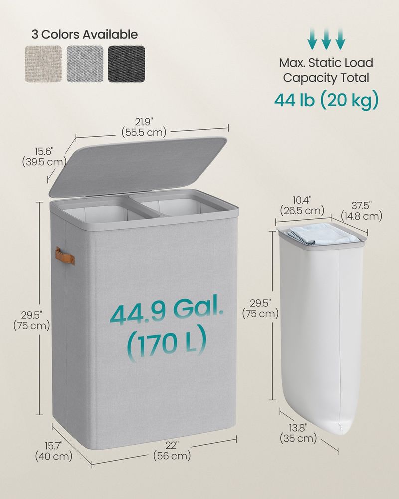 44.9 Gallon Laundry Hamper With Lid 2 Section Laundry Sorter