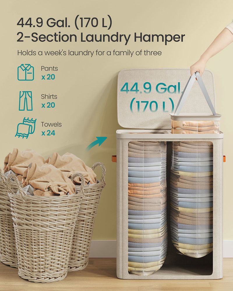 Laundry Hamper With Lid – 2 Compartments – Carry Handles