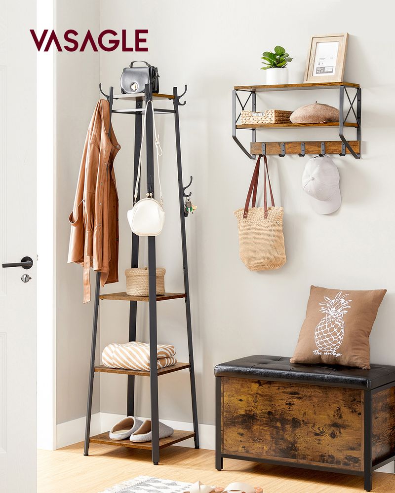 Coat Stand - Corner With 3 Shelves - 8 Hook Entryway