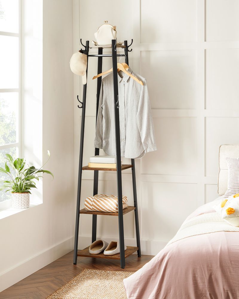 Coat Stand - Corner With 3 Shelves - 8 Hook Entryway