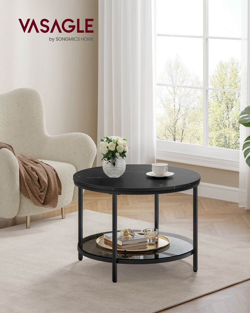 Round Coffee Table – Faux Marble Top – Glass Storage Shelf