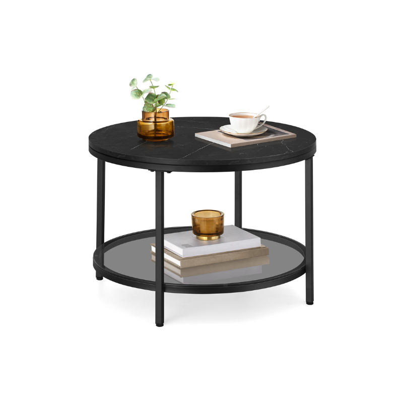 Round Coffee Table – Faux Marble Top – Glass Storage Shelf