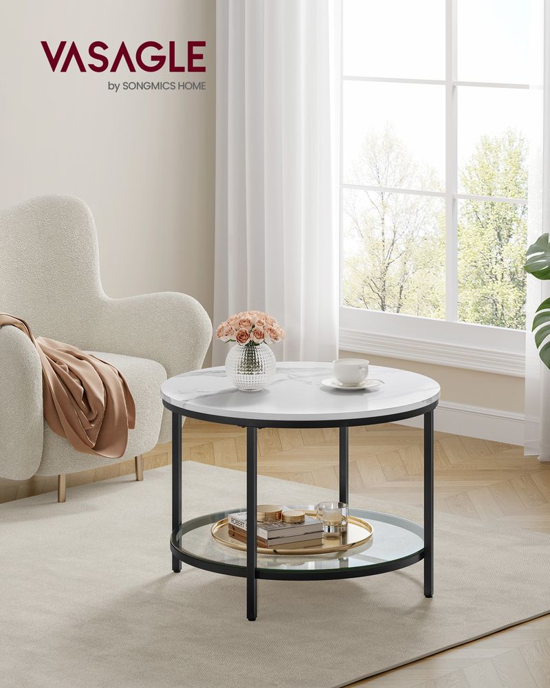 Round Coffee Table – Faux Marble Top – Glass Storage Shelf