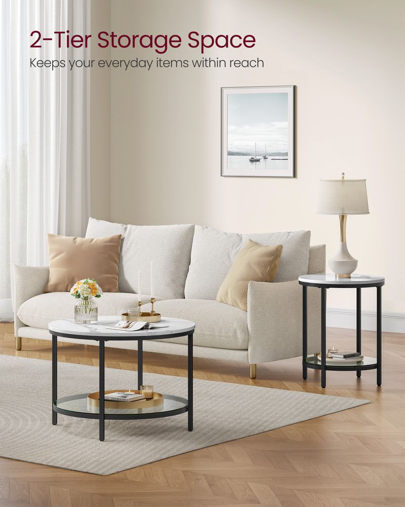 Round Coffee Table – Faux Marble Top – Glass Storage Shelf