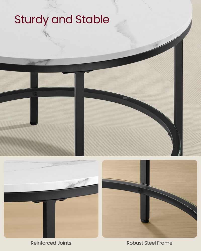 Round Coffee Table – Faux Marble Top – Glass Storage Shelf