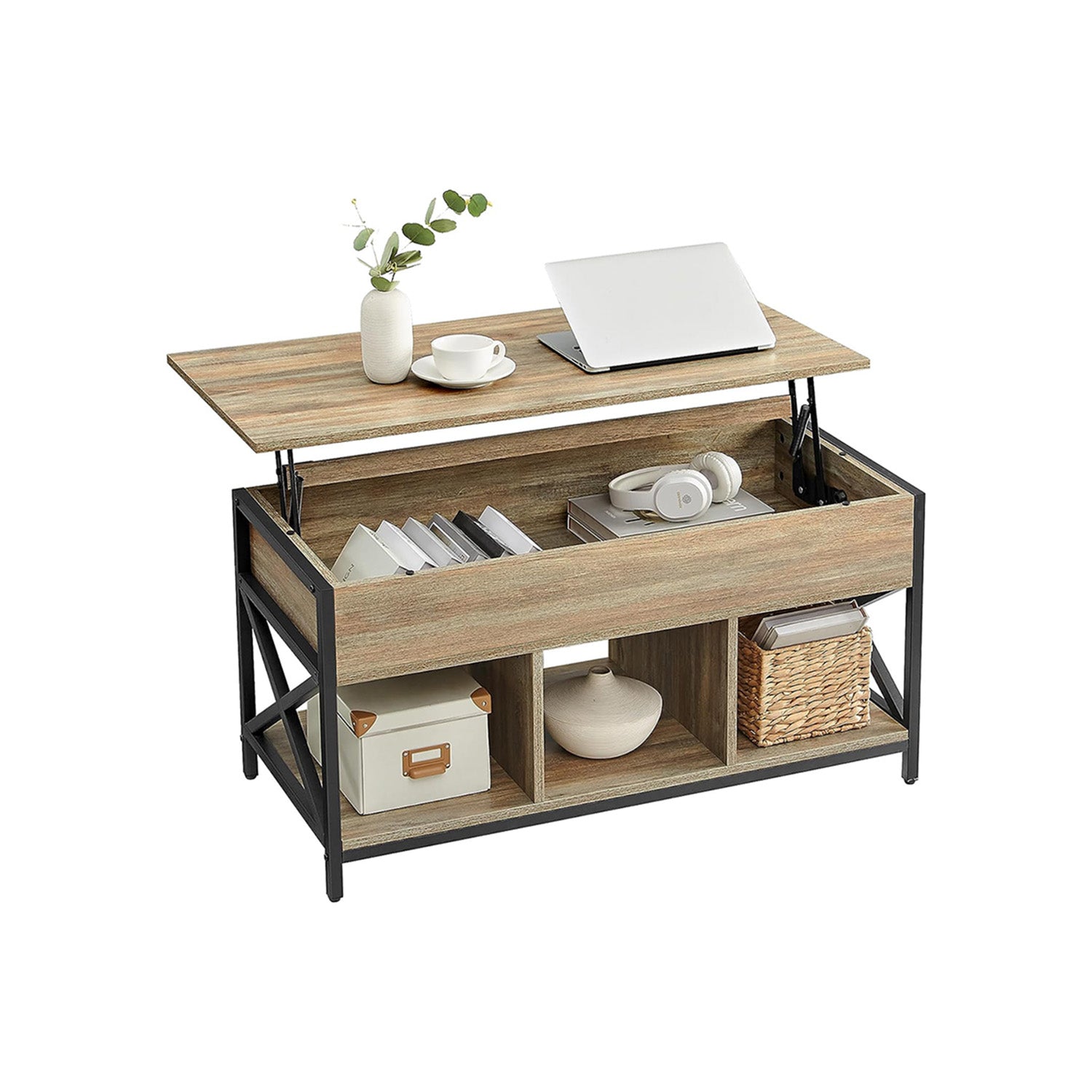 Lift Top Coffee Table – Hidden Storage Compartments – Industrial Living Room Table