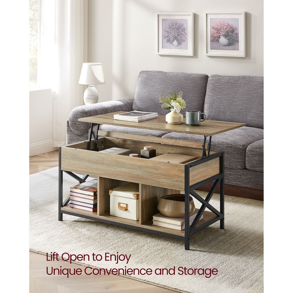 Lift Top Coffee Table – Hidden Storage Compartments – Industrial Living Room Table