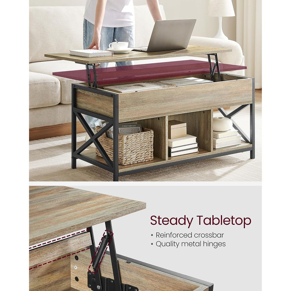 Lift Top Coffee Table – Hidden Storage Compartments – Industrial Living Room Table