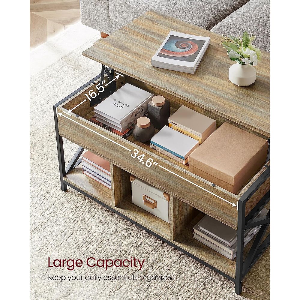 Lift Top Coffee Table – Hidden Storage Compartments – Industrial Living Room Table