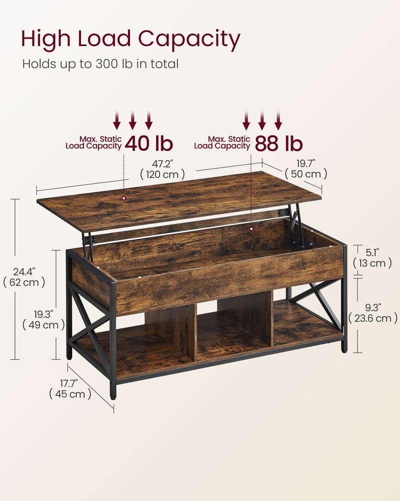 Lift Top Coffee Table - With Storage Shelf - Industrial Style