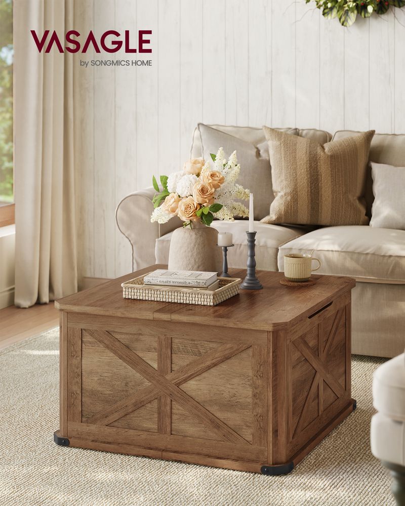 Farmhouse Coffee Table with Storage – Flip Top Lids – Square