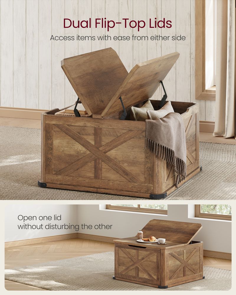 Farmhouse Coffee Table with Storage – Flip Top Lids – Square