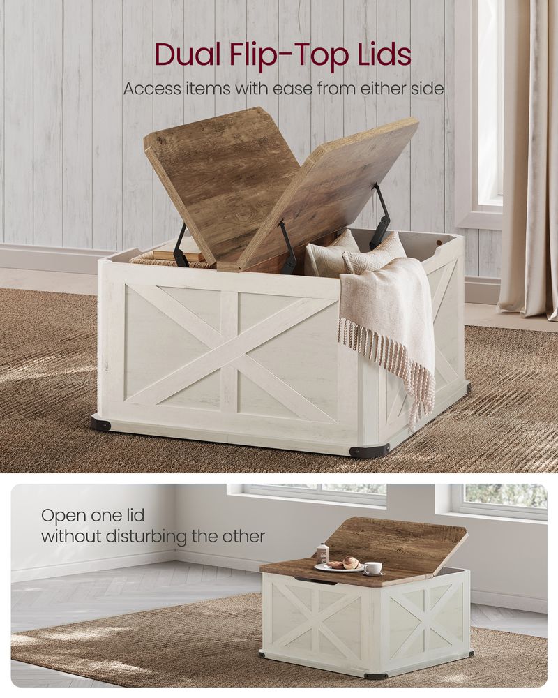 Farmhouse Coffee Table with Storage – Flip Top Lids – Square