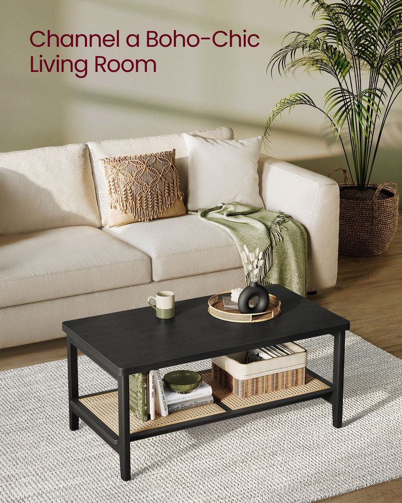 2-Tier Coffee Table with Rattan Shelf – Boho Style – Living Room Table