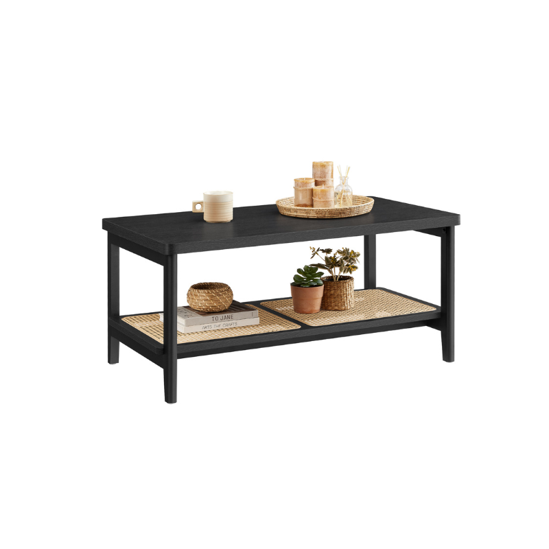 2-Tier Coffee Table with Rattan Shelf – Boho Style – Living Room Table
