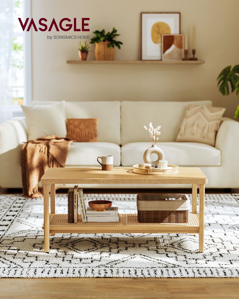 2-Tier Coffee Table with Rattan Shelf – Boho Style – Living Room Table