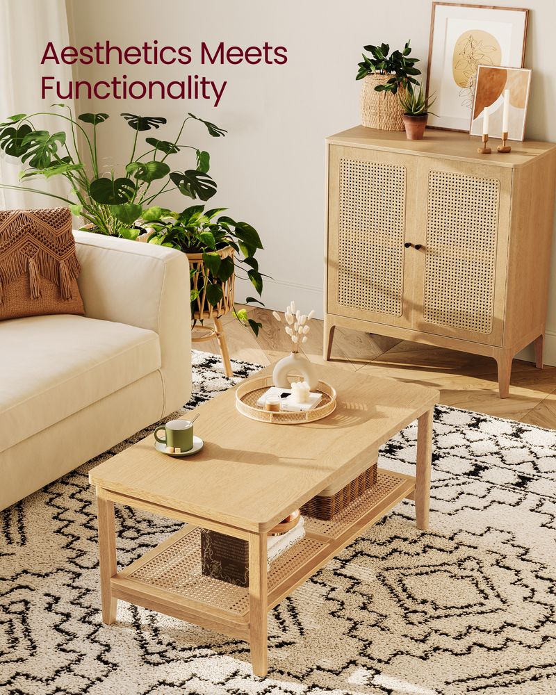 2-Tier Coffee Table with Rattan Shelf – Boho Style – Living Room Table