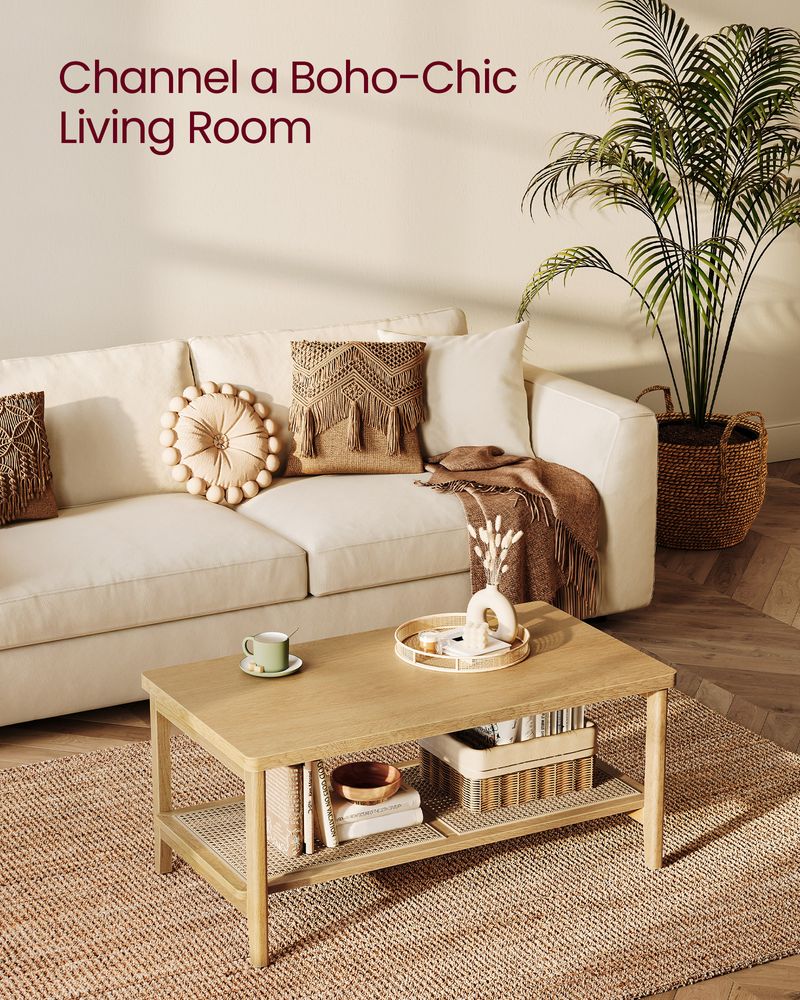 2-Tier Coffee Table with Rattan Shelf – Boho Style – Living Room Table